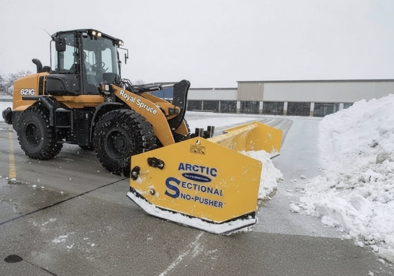 Royal Spruce loader with commercial snow-clearing attachment